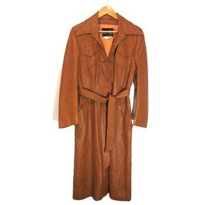 Vintage 1970's Brown Leather Belted Button Trench Coat Size L Made in Vancouver